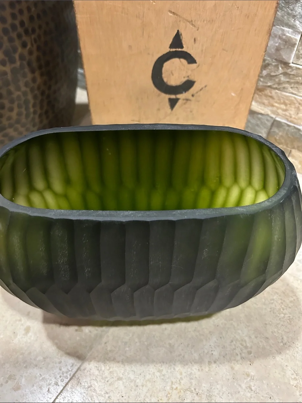 Reptilia frosted olive-green ribbed glass vase
